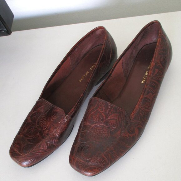 Antonio Melani Womens Brown Hand-tooled Leather Flat Loafer - Size 9M - Picture 1 of 9
